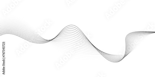 Flowing dot particles wave pattern halftone black gradient smooth curve shape isolated on transparent background. Vector in concept of technology, science, music, modern