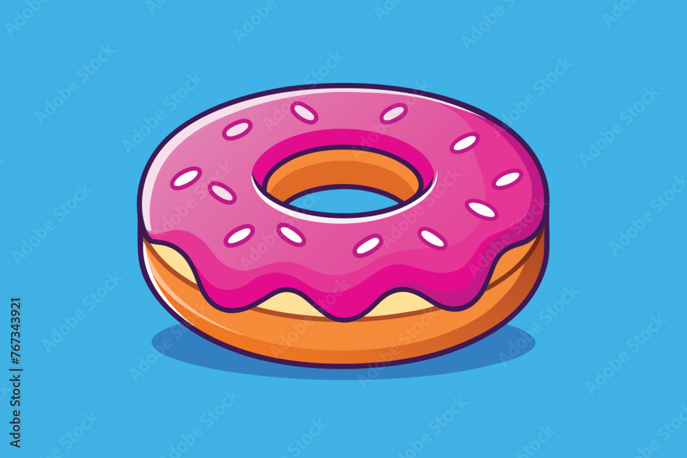 donut with pink glaze. donut icon on blue background, vector illustration