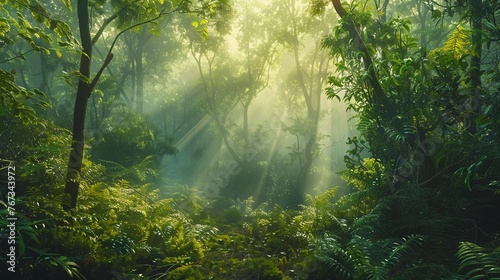 A dense  misty forest at dawn  the first rays of sunlight piercing through the fog and the canopy above  illuminating the forest floor and revealing the rich  moist earth and the lush greenery