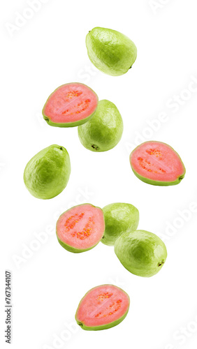 Falling guava isolated on white background, full depth of field