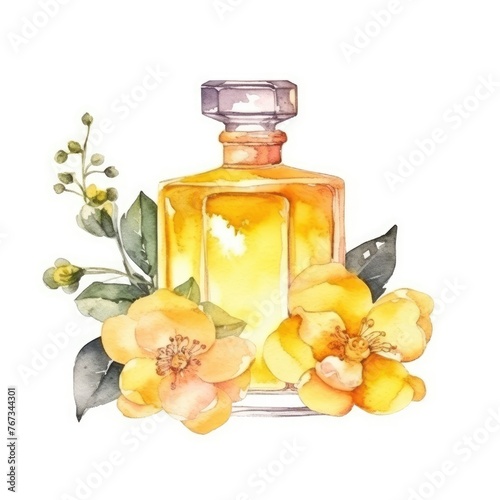 Bottle of perfume with yellow flowers. Hand drawn watercolor illustration