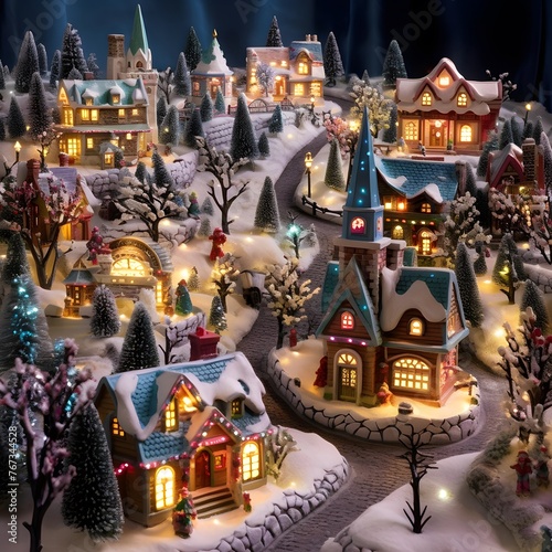 Christmas and New Year miniature village. Festive decoration of houses and trees.