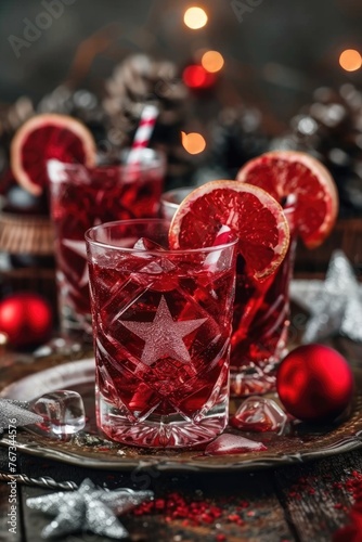 cocktail decorated in honor of the National Day of Turkey, drink with ice and grapefruit, New Year or Christmas atmosphere, red Christmas balls and branches of the Christmas tree © Svetlana Leuto