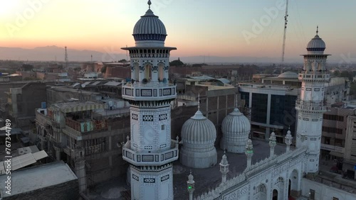 Peshawar mosque Masjid Mahabat Khan, Aerial Drone shot made in Pakistan. Bala Hisar Fort and Historical City Center photo