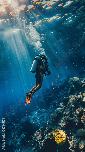 A scuba diver over a coral reef, sunlight streaming through the water © Eugen Snipe