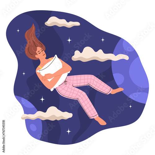 Girl floating in air, hugging pillow, sleeping sweetly. Woman naps among clouds, stars and planets in space. Concept of healthy sleep, dreams. Vector flat illustration.