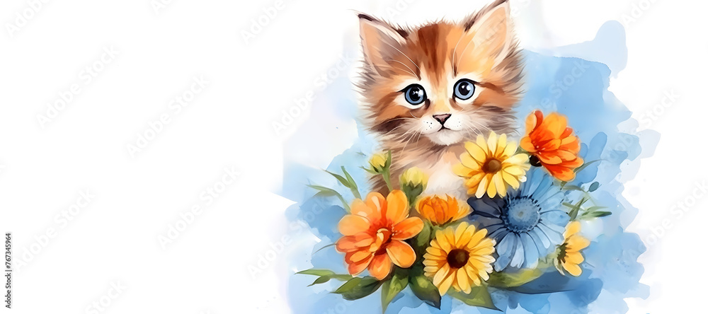 A cute red kitten holds a bouquet of flowers on a white background,a place for text, a watercolor illustration, a concept for advertising pet products, greeting cards and festive decoration