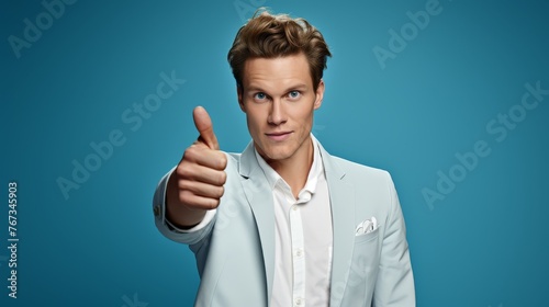 White Man Pointing at Advertisement with Blank Space photo