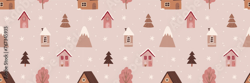 Cute decorated Christmas tree forest house party garland vector seamless pattern. Whimsy holly Xmas abstract modern hygge festive background. Seasonal winter holidays geometric graphic design