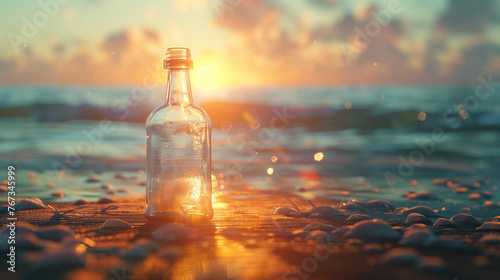 Sunset over sea with a bottle on the shore