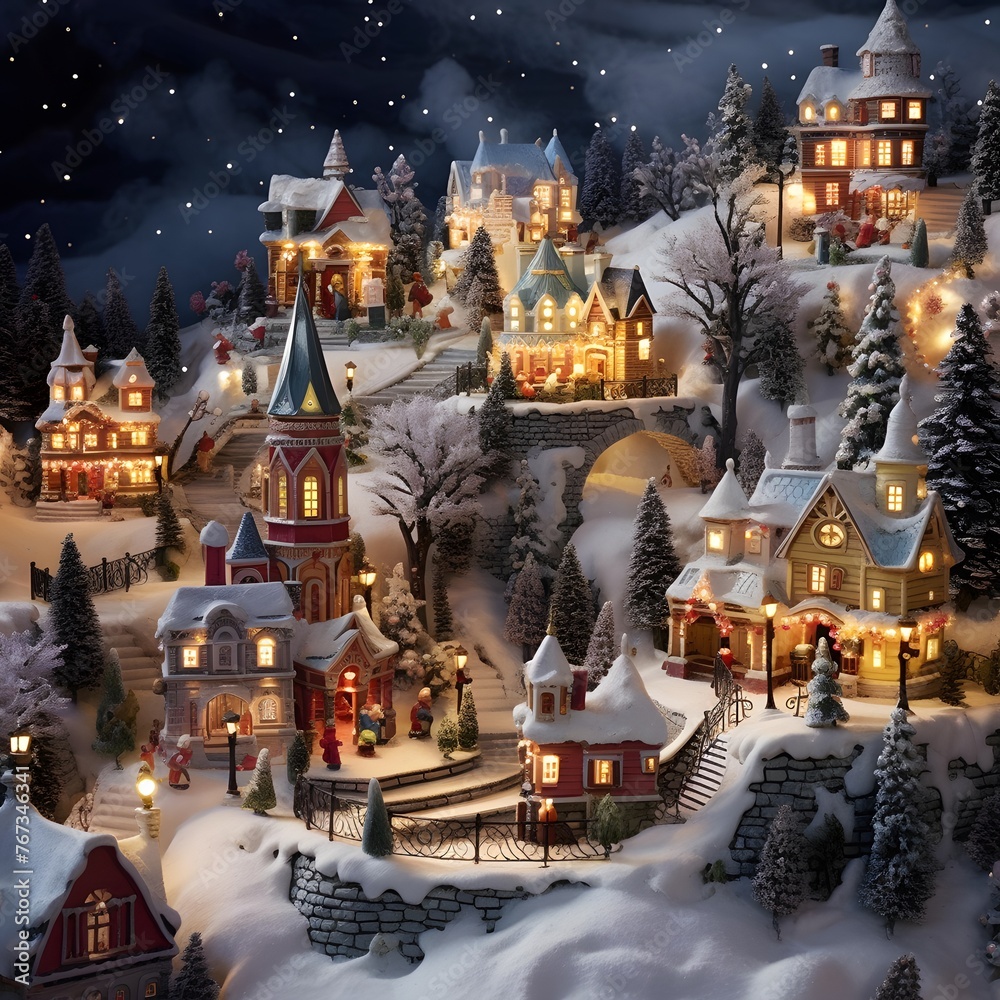Digital painting of a miniature village in the snow with Christmas trees and houses