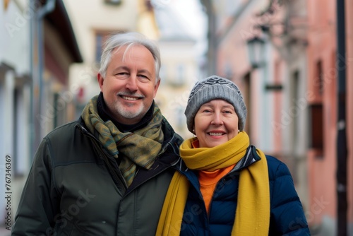 Portrait of happy senior couple tourists outdoors in old town
