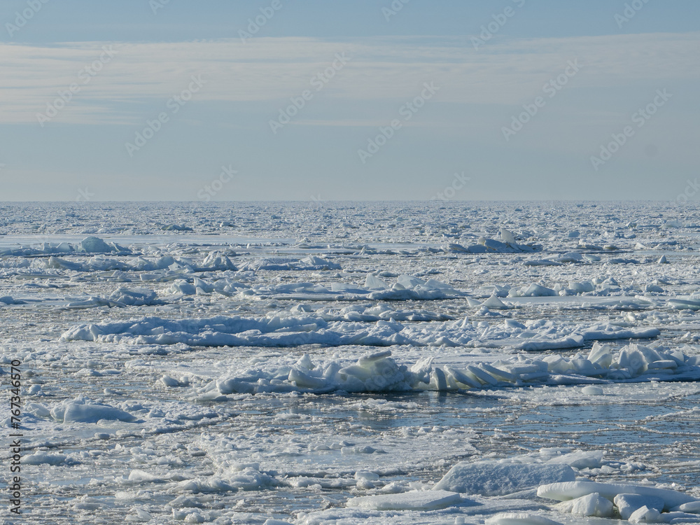 a group of ice floes floating in the ocean with one penguin on its back a group of ice floes floating in the ocean with one penguin on its back