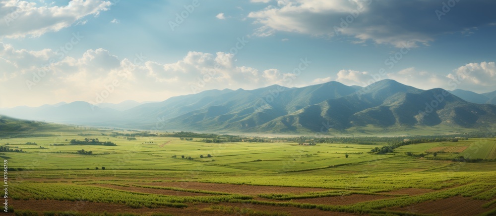 A picturesque natural landscape with a lush green grassland, set against a backdrop of majestic mountains and a sky filled with fluffy cumulus clouds