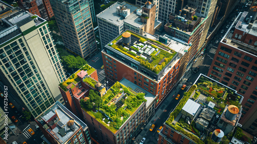 A bustling cityscape with green rooftops and electric vehicles.