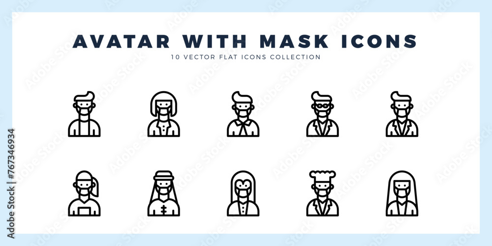10 Avatars With Medical Masks Lineal icon pack. vector illustration. 10 Avatars With Medical Masks Lineal icon pack. vector illustration.