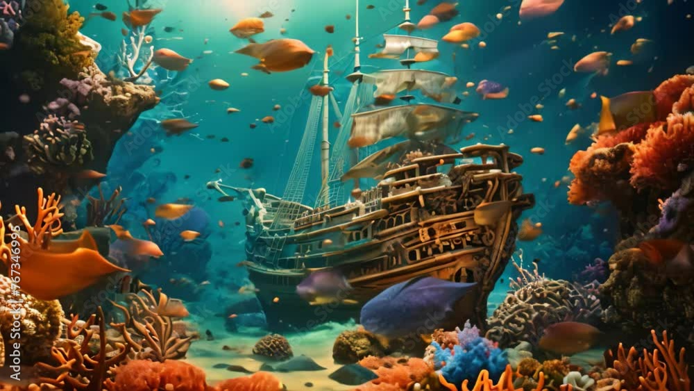 Underwater world with old sunken pirate ship and coral reef, Beautiful ...