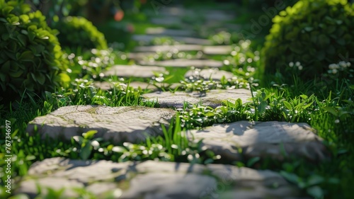 a garden stone path, where blades of grass emerge between the stones, highlighting the botanical richness of the surrounding garden