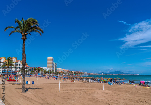 Peniscola beach Spain with volleyball net Costa del Azahar in summer tourist destination