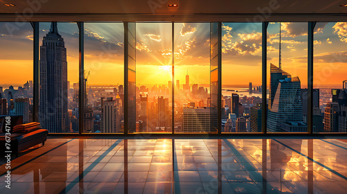 sunset view from the window of a modern office building and cityscape