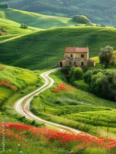 the countryside landscape  with lush green hills  a winding country road  and a rustic farmhouse enveloped by colorful fields of blossoming flowers.