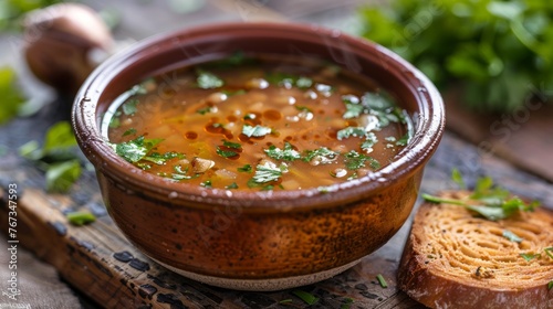 The French national dish is tender onion soup in close-up. Restaurant serving.