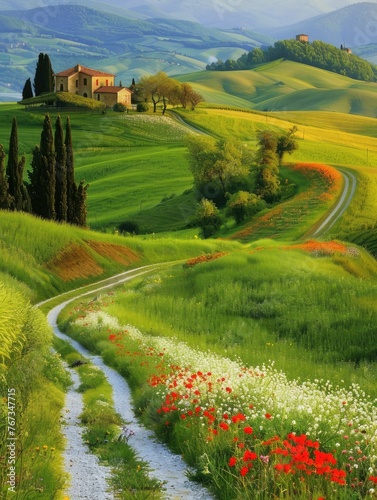 the countryside landscape, with lush green hills, a winding country road, and a rustic farmhouse enveloped by colorful fields of blossoming flowers.
