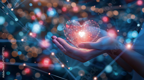 Heart in female hands with bokeh background.  photo