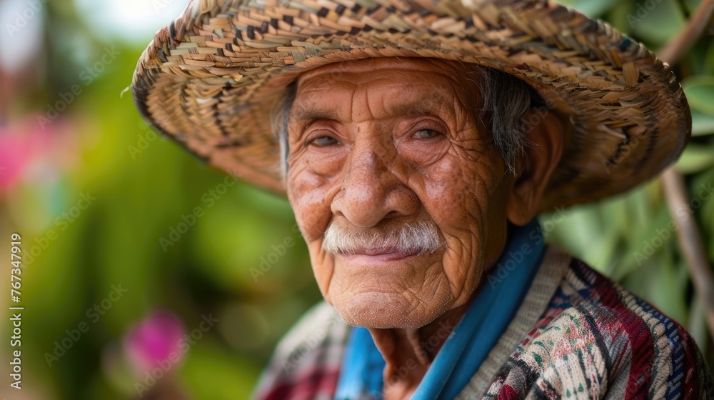 Mexican Independence Day, portrait of an elderly Mexican man in national costume, smiling Mexican grandfather in a straw hat, close-up