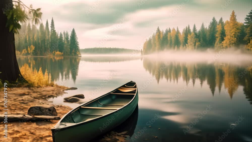 Canoe on a lake in the morning mist. Beautiful landscape, Canoe on a serene lake, AI Generated Canoe on a lake in the morning mist. Beautiful landscape, Canoe on a serene lake, AI Generated