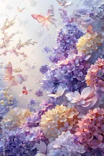 Whimsical paper garden, exquisite butterfly and floral sculptures. crafted with care, illustrating dreams and romance, perfect for banner displays with organic charm