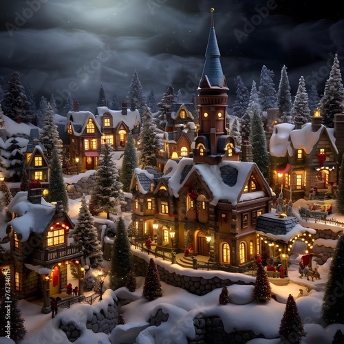 Christmas village with houses in the snow at night. 3D rendering