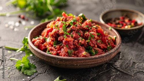 Ethiopian national dish Kitfo of raw beef in close-up. Restaurant serving.