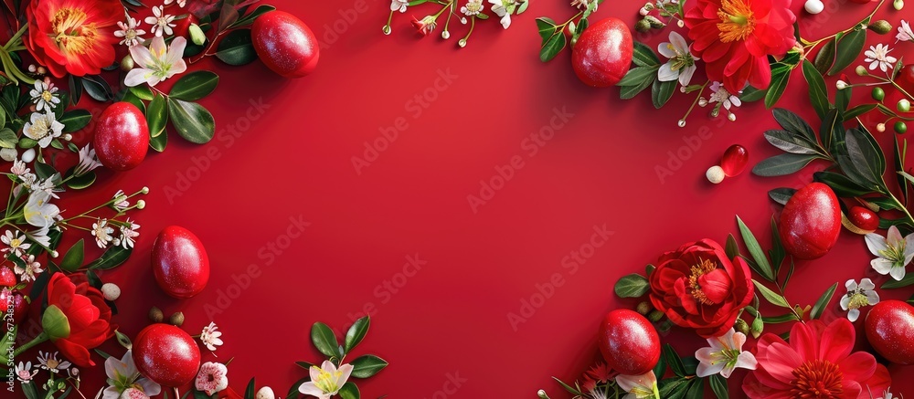 Easter-themed backdrop featuring vibrant red Easter eggs and blooming spring flowers, viewed from the top with room for text.