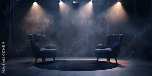 Two chairs in a podcast room with spotlights dark background ideal for media conversations or streaming concepts. Concept Podcast Studio, Interview Setup, Professional Lighting, Media Streaming
