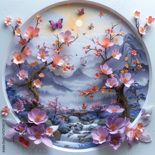Whimsical paper garden, exquisite butterfly and floral sculptures. crafted with care, illustrating dreams and romance, perfect for banner displays with organic charm