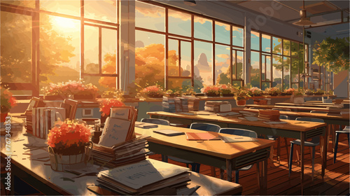 Warm Classroom with City View and Floral Decor illustration photo