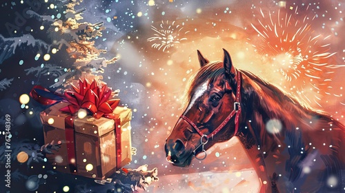 A horse gazes at a gift box against a backdrop of winter festivities and fireworks © StasySin