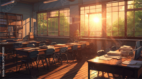 Anime Classroom Interior with Warm Sunset Glow
