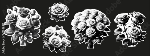 Rose bouquet retro halftone collage sticker set