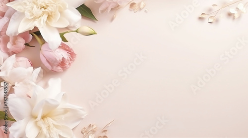 Pastel Floral Border, Soft Pink and White, Elegant Invitation Background with Copy Space, Mother's Day, Valentine's Day © G_Art