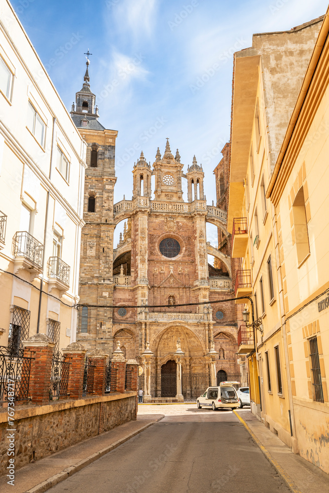 a street in Astorga city with a view to the Cathedral (Catedral de Santa Maria de Astorga), province of Leon, Castile and Leon, Spain