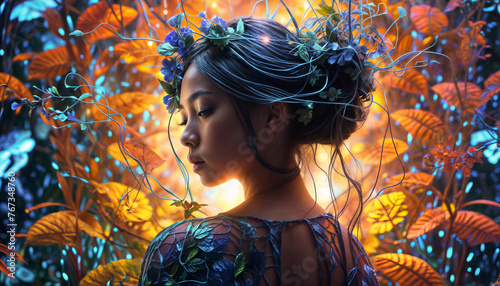 Fantasy Asian woman. Beautiful queen. Chimera floral background. Neon light. AI generated