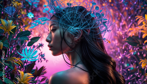 Fantasy Asian woman. Beautiful girl. Chimeric flower background. Neon light. Queen of the jungle. AI generated © Ірина Пуховая