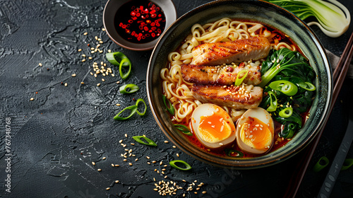 Miso Ramen Asian noodles with egg pork and pak choi