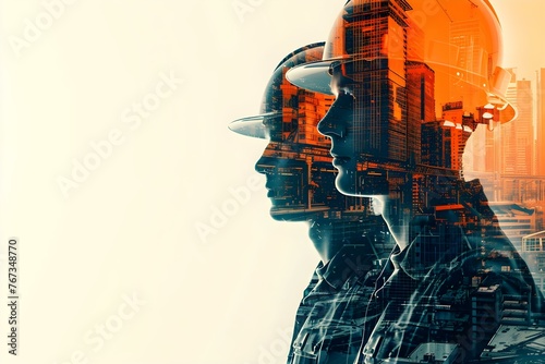 Double exposure graphic of building engineers and construction workers collaborating on a digital construction project. Concept Double Exposure, Building Engineers, Construction Workers