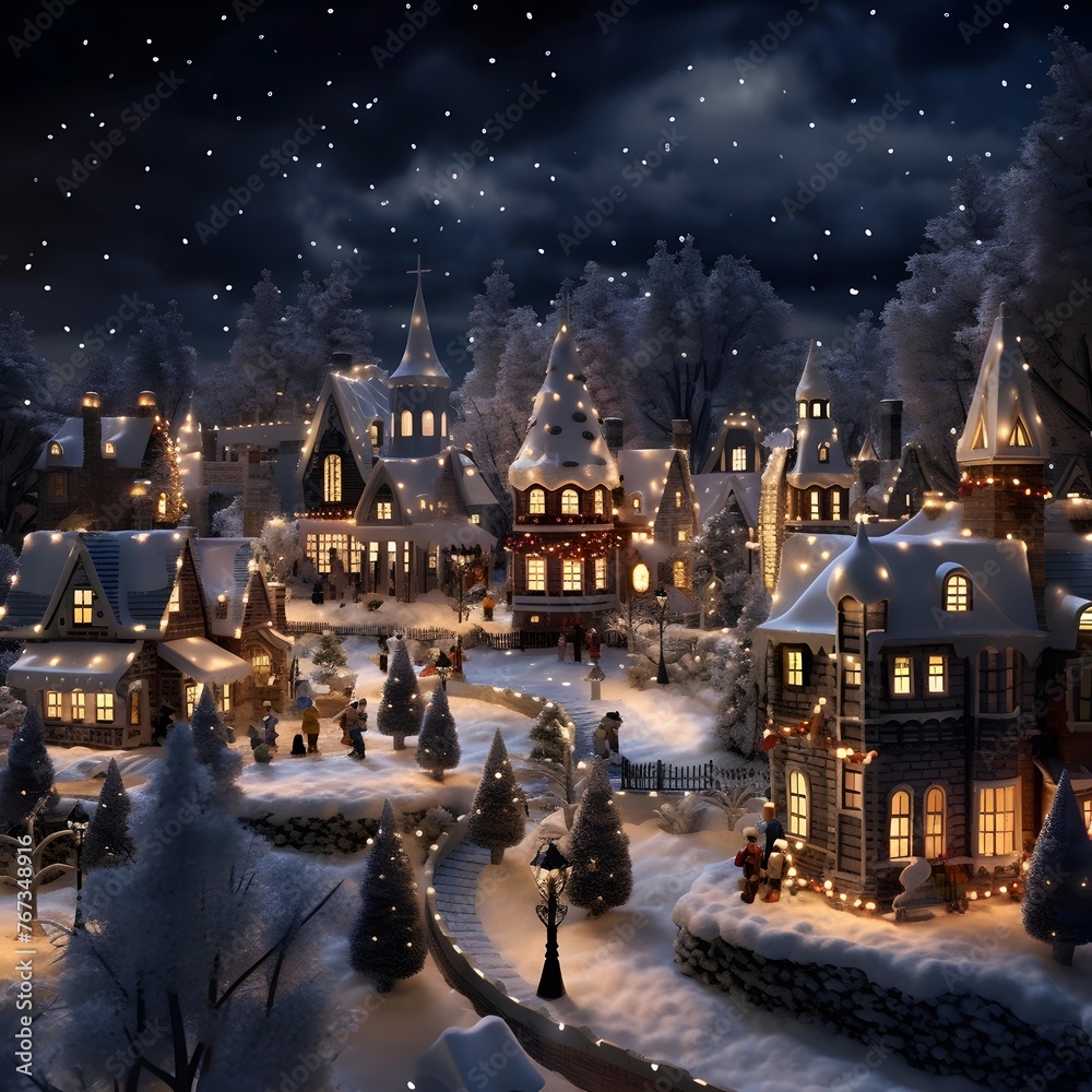 Winter village with houses and trees at night. 3D illustration.