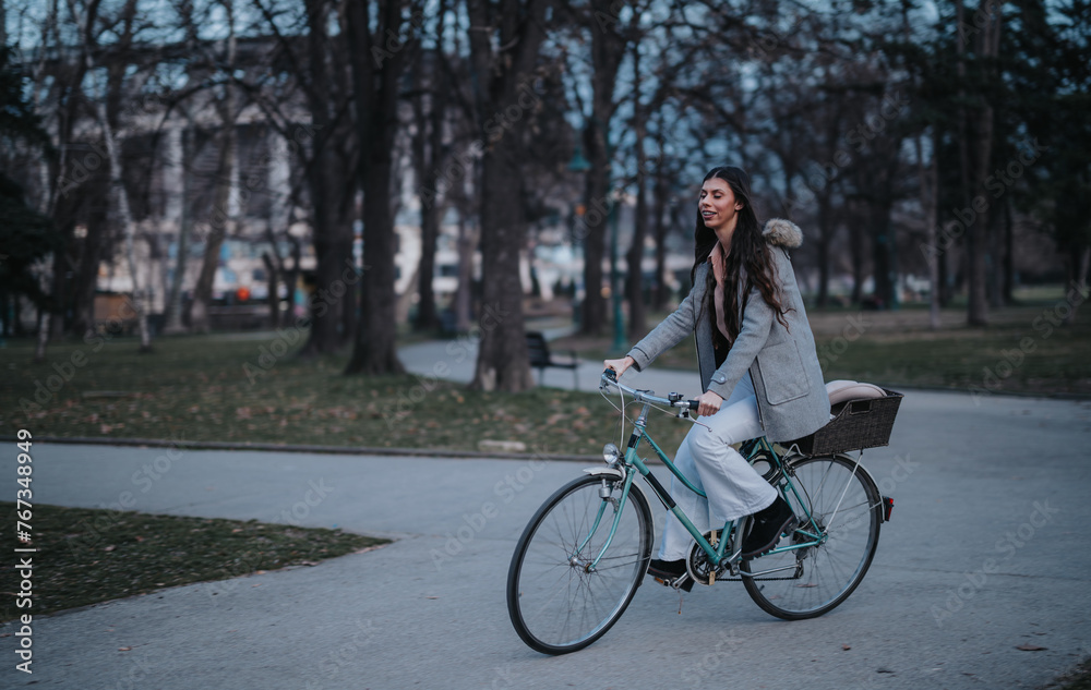 Female cyclist experiencing the tranquility of a park ride on a comfortable evening, evoking freedom and leisure.