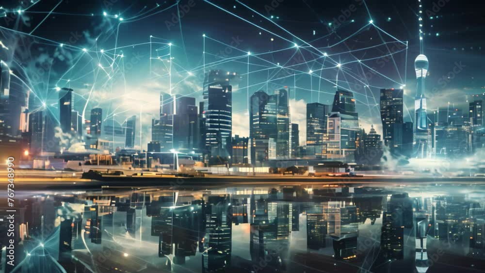 Abstract night city background with connection lines and dots. 3D rendering, Double exposure of a cityscape and a high technology network connection concept is, AI Generated
