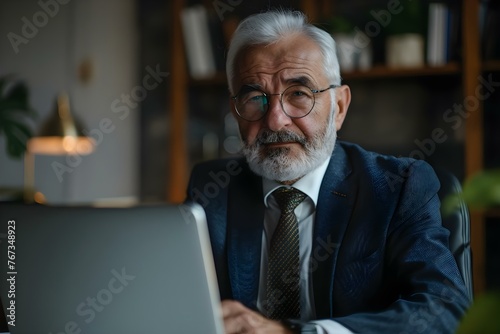 Professional and focused mature businessman in a suit participating in a virtual meeting on his laptop. Concept Business Attire, Virtual Meetings, Mature Professionals, Focused Work © Anastasiia